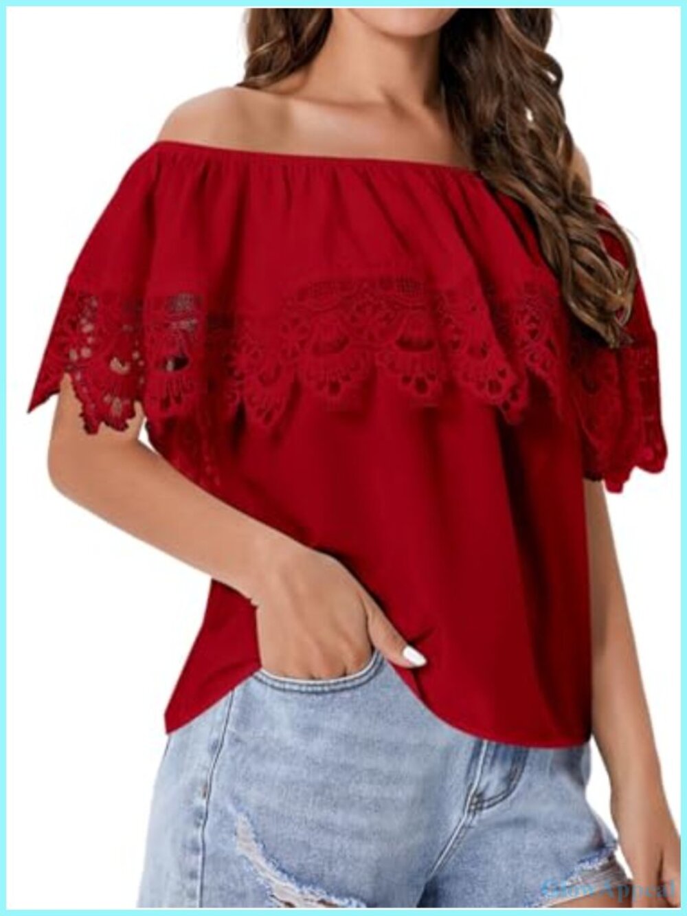 Off Shoulder Lace Ruffle Blouse Short Sleeve Polyester Stretch Women's